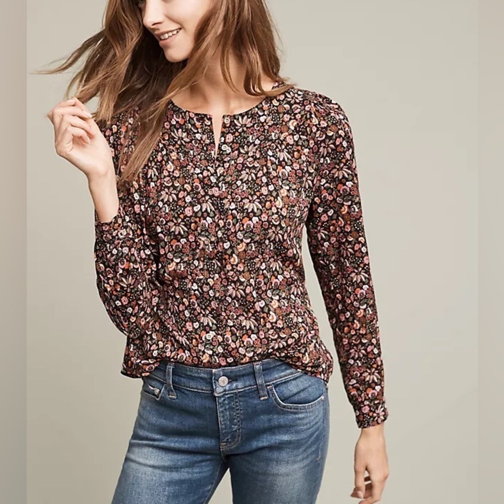 Anthropologie by Maeve Orli Bibbed Button-down Floral Shirt Blouse